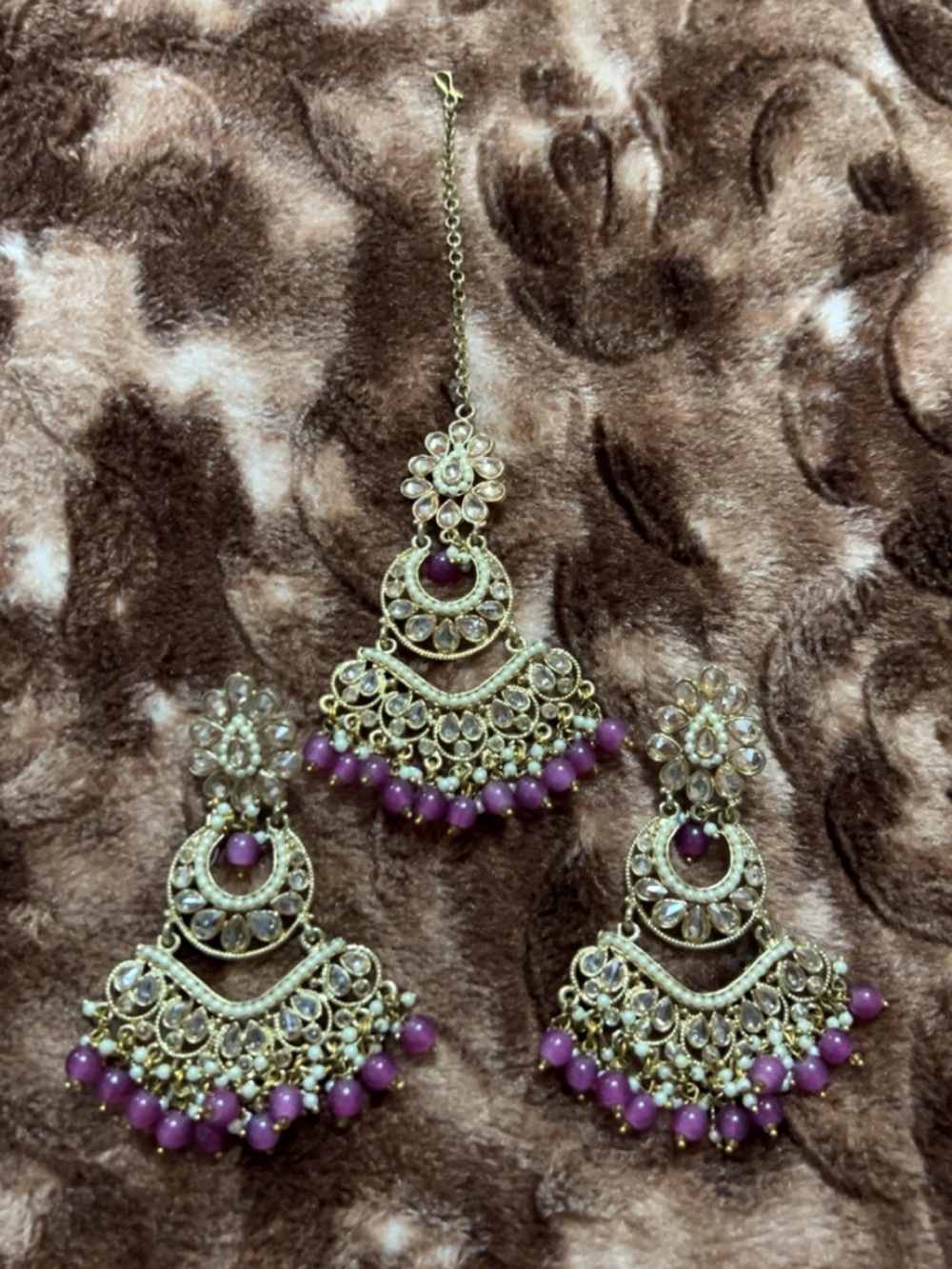 Traditional Gold-Tone Purple Bead Chandbali Earrings and Maang Tikka Set